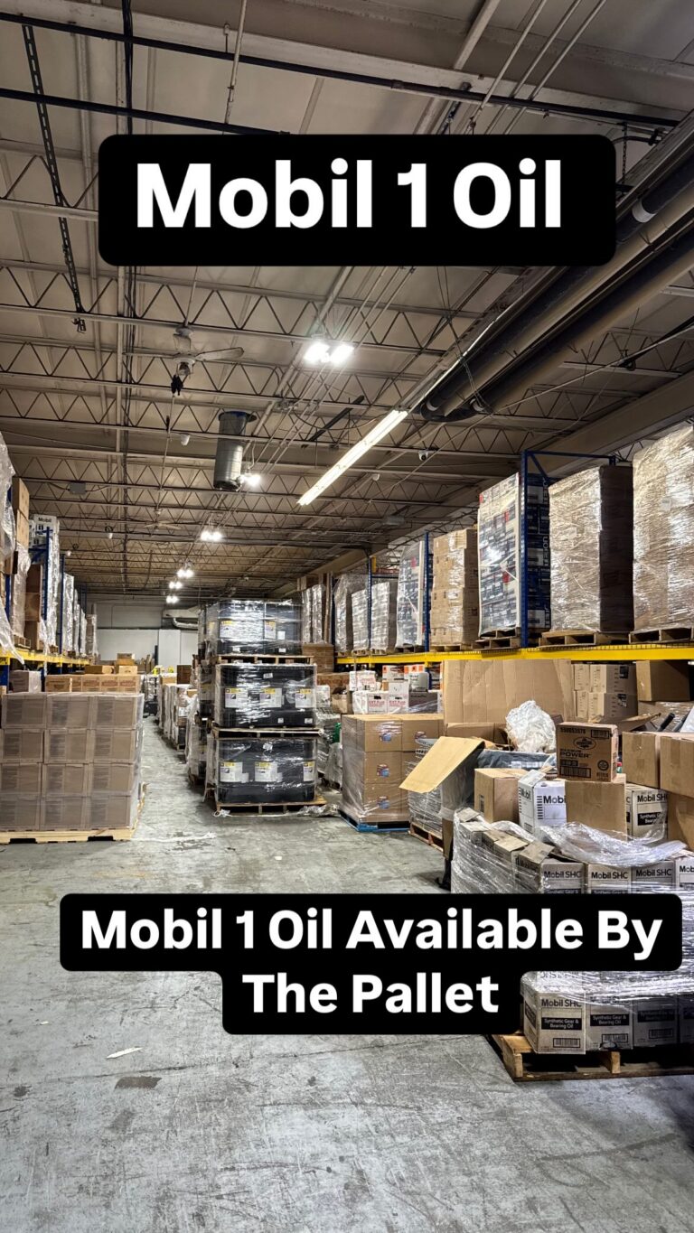 Mobil 1 motor oil inventory staged for FBA prep at Groovin Fulfillment